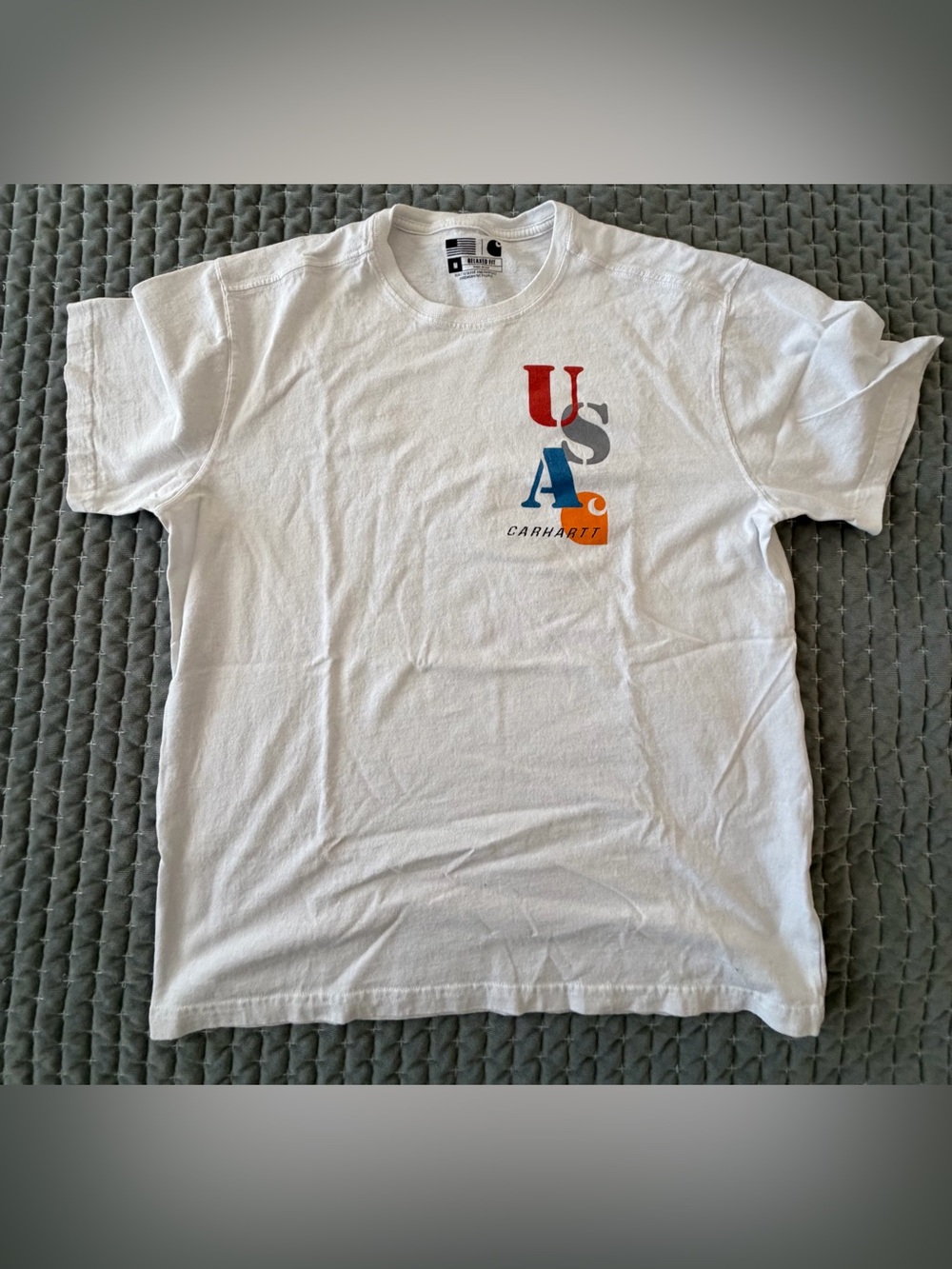Carhartt White Tee with Red, Gray, Blue and Orange USA Graphic
